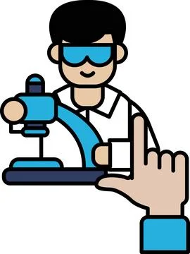 A man in a lab coat is holding a microscope and pointing to it 库存插图