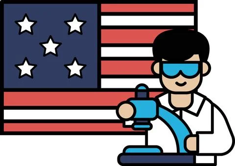 A man in a lab coat is holding a microscope and looking at an American flag Stock Illustration
