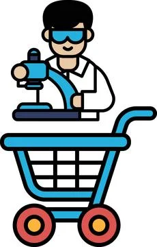 A man in a lab coat is holding a microscope and standing next to a shopping.. Stock Illustration