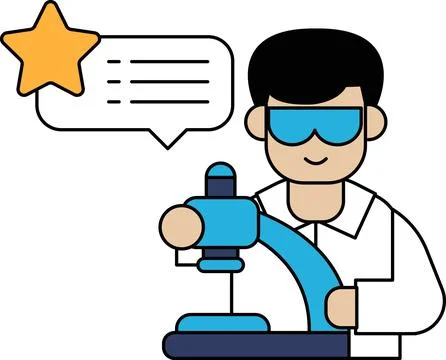 A man in a lab coat is holding a microscope and smiling 스톡 일러스트