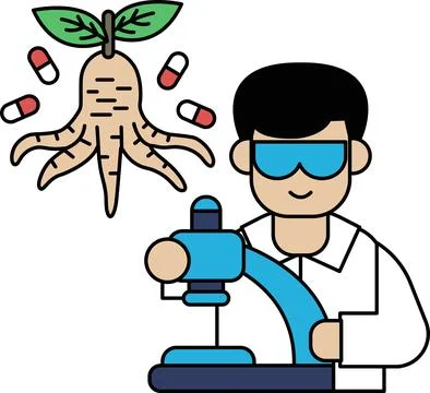 A man in a lab coat is holding a microscope and looking at a plant Stock Illustration