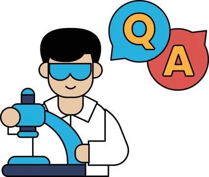 A man in a lab coat is holding a microscope and a QA is written above him Ilustração Stock