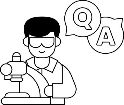 A man in a lab coat is holding a microscope and a QA is written above him Stock Illustration