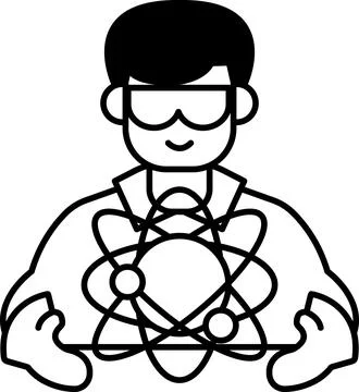 A man in a lab coat holding a model of the atom Illustrazione stock