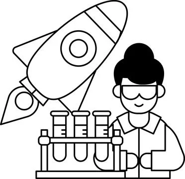 A man in a lab coat is holding a rocket and a set of test tubes Stockillustratie