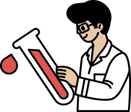 A man in a lab coat is holding a test tube with red liquid in it 스톡 일러스트