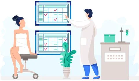 Man in lab coat points to schedule on background. Girl in white dress or Stock Illustration