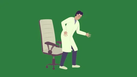 A man in lab coat standing next to an office chair and green screen animated Video stock 335130177