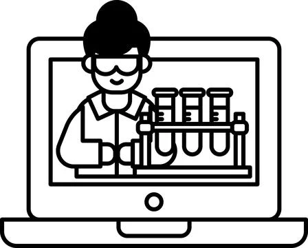 A man in a lab coat is teaching a lesson on a computer screen Stock Illustration