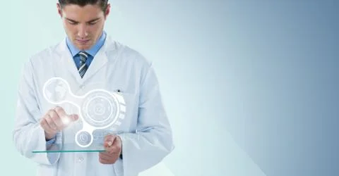 Man in lab coat with white interface and flare on glass device against blue 写真素材