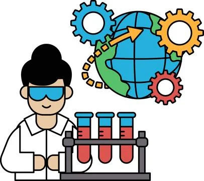 A man in a lab coat is working with a beaker 库存插图