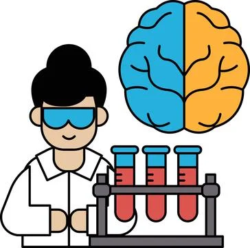 A man in a lab coat is working with a brain model Illustrazione stock