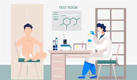 Man in lab coat working with equipment makes tests for male patient. Chemical Ilustração Stock