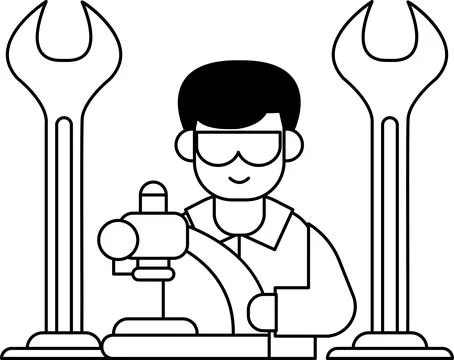 A man in a lab coat is working on a machine Illustrazione stock