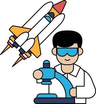 A man in a lab coat is working on a machine that is launching a rocket Illustrazione stock