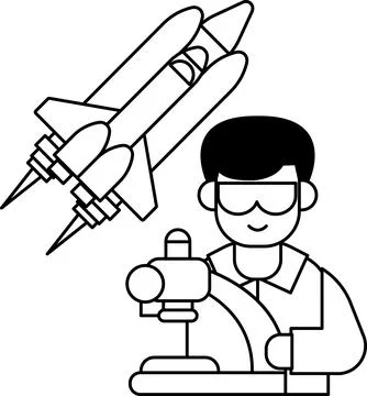 A man in a lab coat is working on a machine that is launching a rocket Illustrazione stock