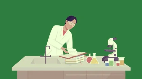 A man in lab coat working on microscope and green screen animated chromakey Видео 335129963