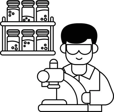 A man in a lab coat is working with a microscope 스톡 일러스트