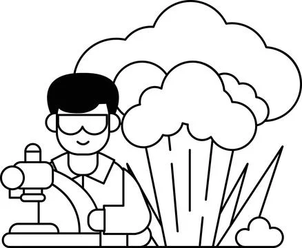 A man in a lab coat is working with a microscope Illustrazione stock