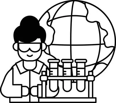 A man in a lab coat is working on a project with a globe in the background Illustrazione stock