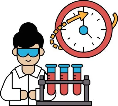 A man in a lab coat is working on a project with a clock in the background Illustrazione stock