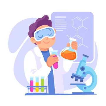 Man at Laboratory with Flask and Microscope Conduct Experiment Vector Illustrazione stock