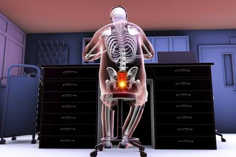 A man in a laboratory setting experiencing pain in his coccyx, conceptual 3D  Stock Illustration