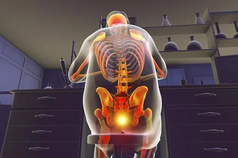 A man in a laboratory setting experiencing pain in his coccyx, conceptual 3D  Stock Illustration