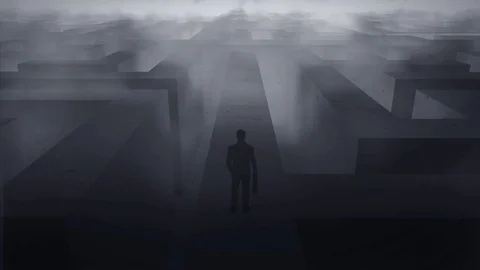 Man at labyrinth, dark dramatic render of a man standing  on the walls of a maze Stock Footage 80315290