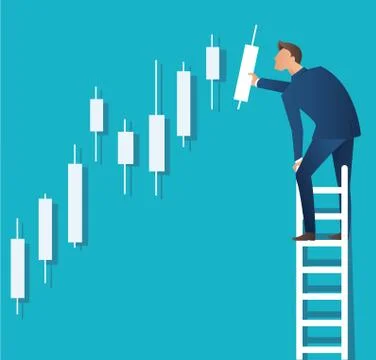 Man on ladder with candlestick chart background Stock Illustration