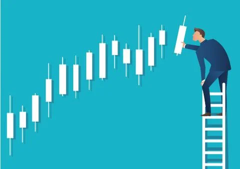 Man on ladder with candlestick chart background Stock Illustration