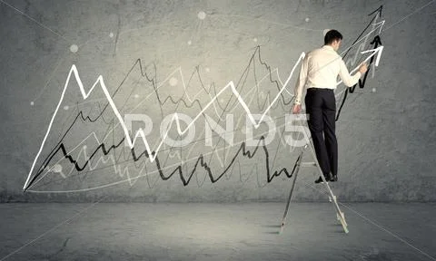 Man on ladder drawing lines Stock Photos