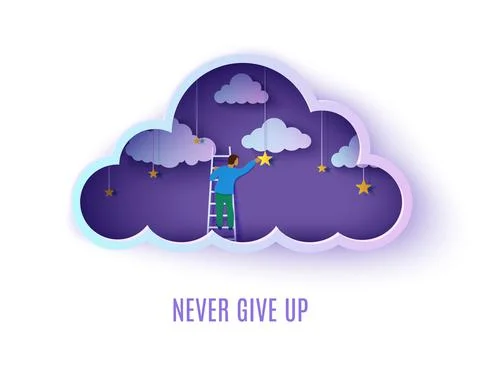 Man on a ladder to pick the star in the cloud night sky paper cut style Иллюстрация