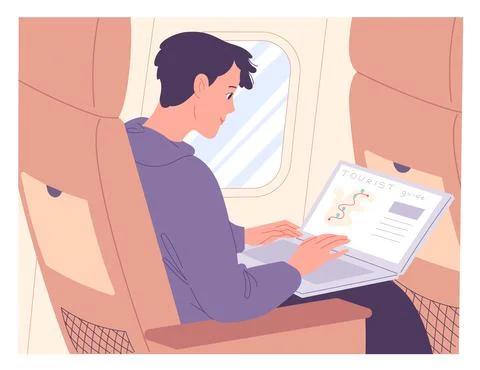 Man with laptop on airplane while in flight Stock Illustration