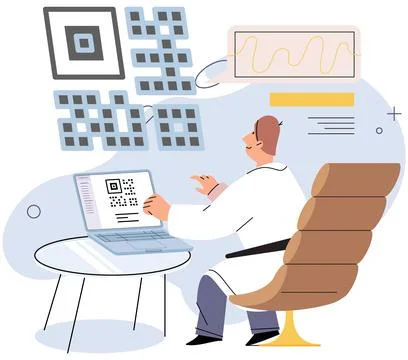 Man with laptop analyzing financial data and QR code . Identification, workflow Stock Illustration