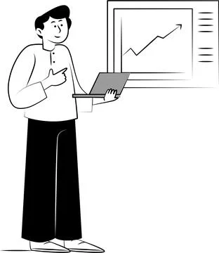 Man with Laptop Analyzing Financial Graph Annual Benefit Calculation Stock-Illustration