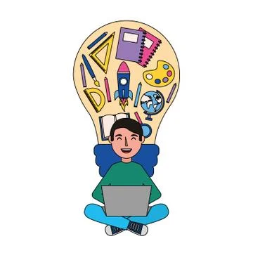 Man with laptop and bulb creativity education school Stock Illustration