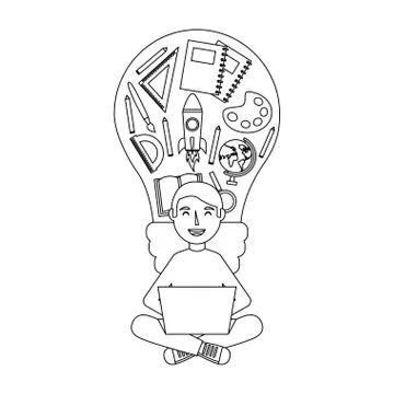 Man with laptop and bulb creativity education school Stockillustratie