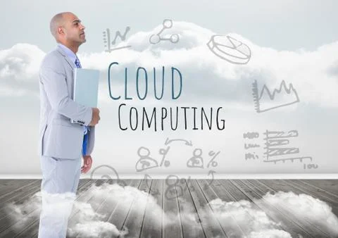 Man with laptop and Cloud Computing text with drawings graphics Stock Photos