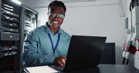 Man, laptop and coding in server room as software engineer and information Stock Footage 266479578
