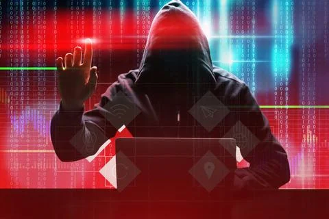 Man with laptop and digital binary code on color background. Cyber attack con Stock Photos