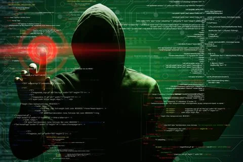 Man with laptop and digital code on dark background. Cyber attack concept Foto stock