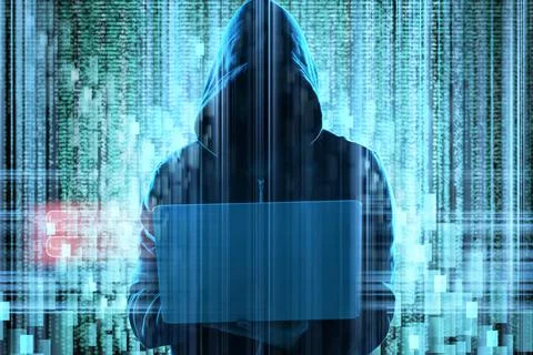 Man with laptop and digital code on dark background. Cyber attack concept Foto stock
