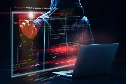 Man with laptop and digital code on dark background. Cyber attack concept Stock Photos