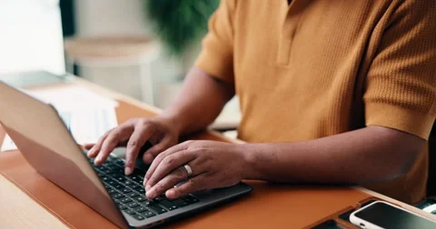 Man, laptop and hands with typing for remote work, editing article and creative Stock Footage 337764010