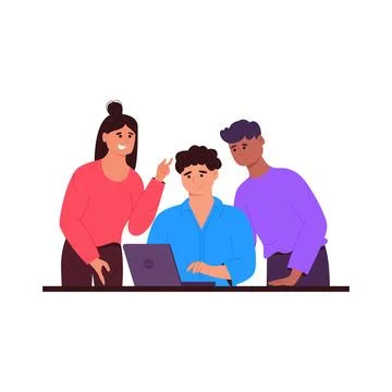 Man with laptop and his team. Teamwork concept. Flat vector illustration Illustrazione stock