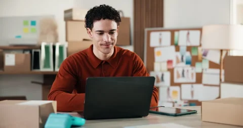 Man, laptop and smile in small business for logistics, distribution schedule and Stock Footage 346240790