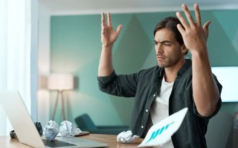 Man, laptop and throw with paperwork for remote work from home with stress,.. Stock Photos