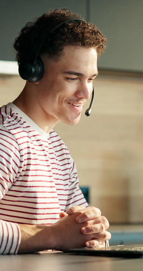 Man, laptop and virtual assistant in house with remote work, discussion or admin Stock Footage 337151829