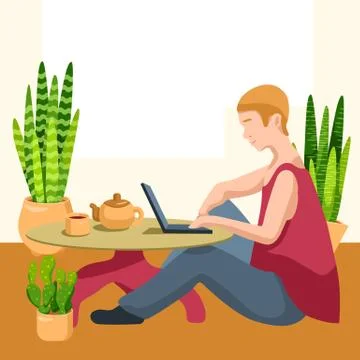 Man with laptop on beige backdrop for website or social banner. Stock Illustration